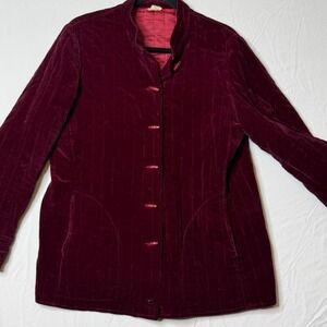 Vintage Burgundy Quilted Velvet Toggle Jacket Mandarin Collar Wine Red Large